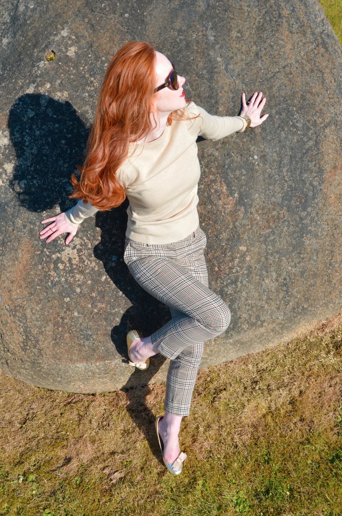 brown check trousers and gold top