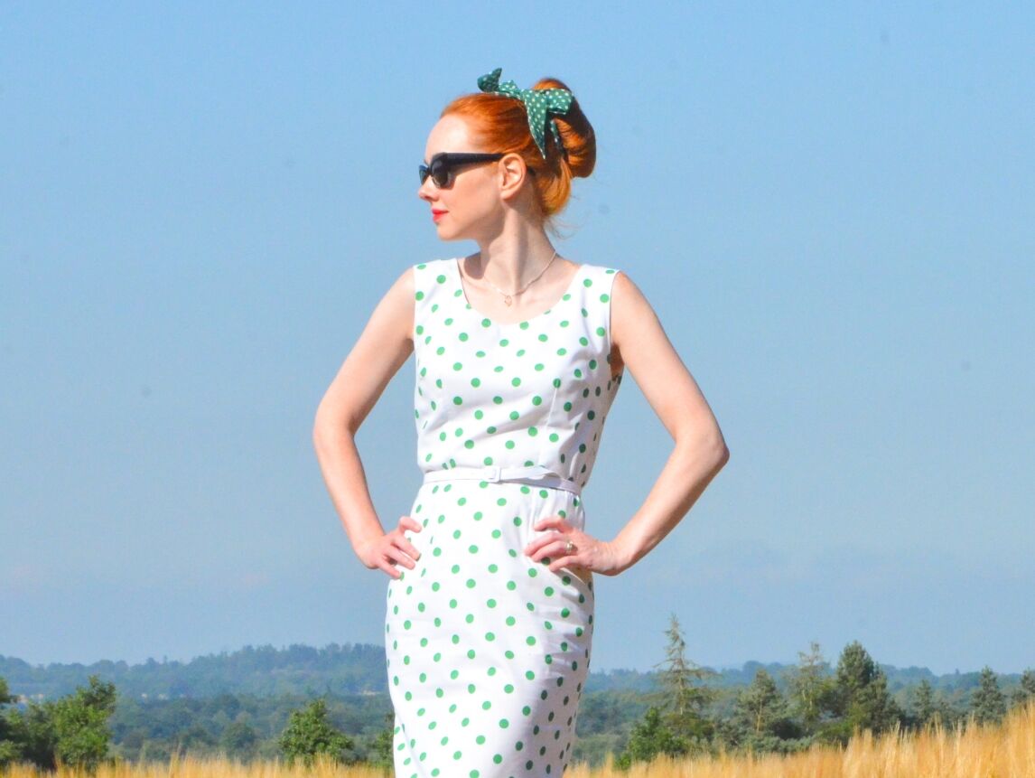 white and green polka dot wiggle dress
