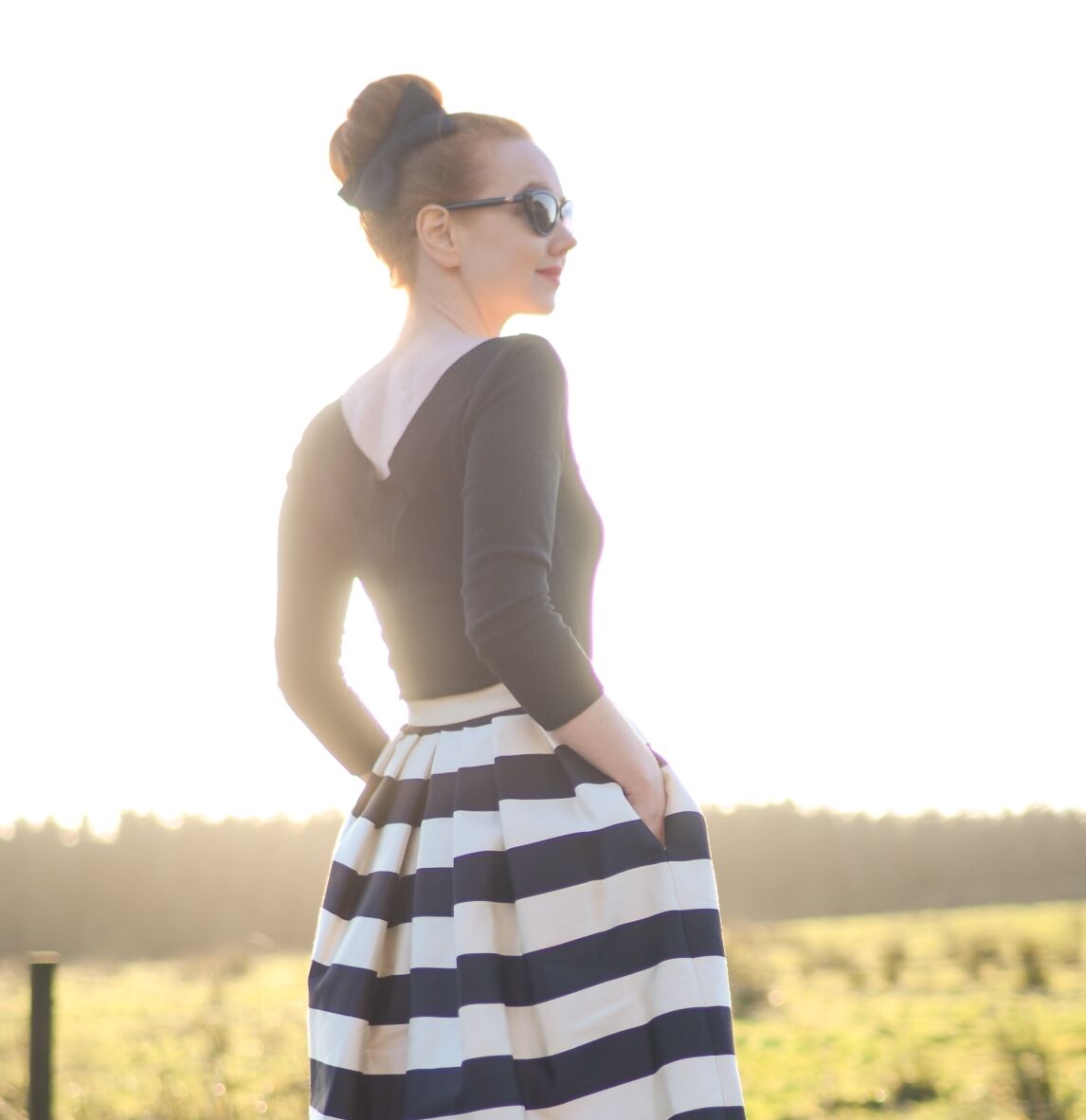 v-back jumper and stripe Tibi midi skirt