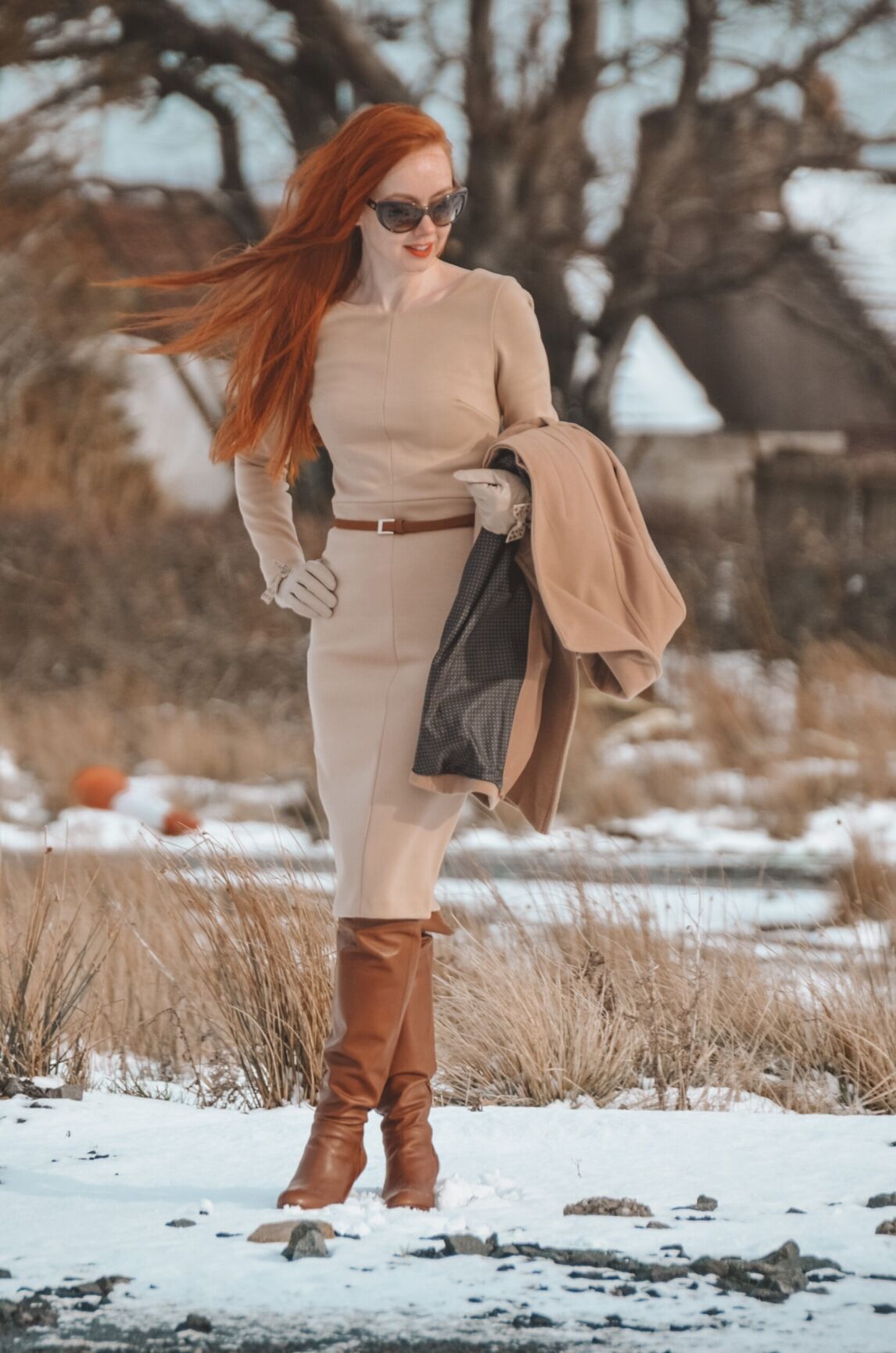 camel pencil dress with tan boots