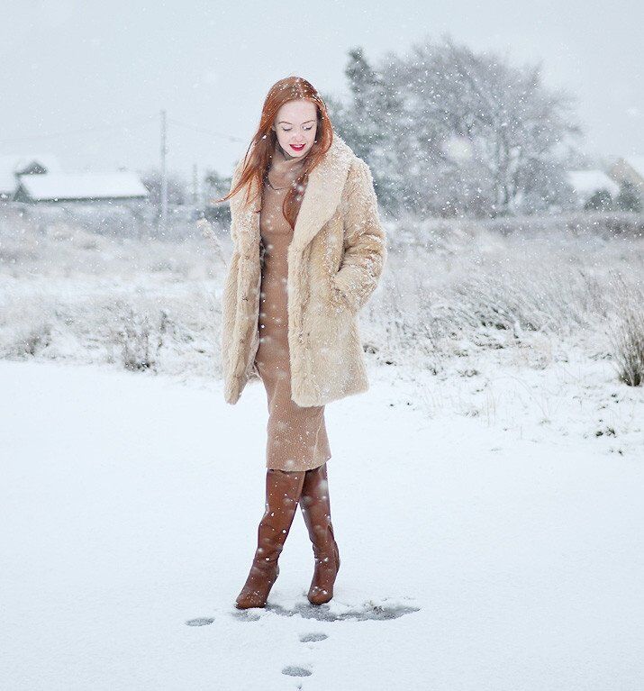 winter outfit featuring faux fur coat and tan leather boots
