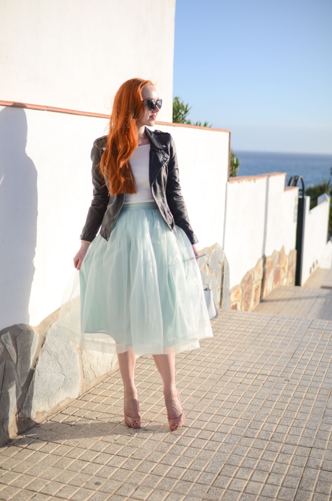 tulle skirt and leather biker jacket
