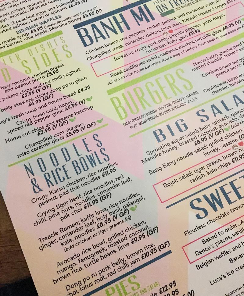 menu at Treacle, Edinburgh