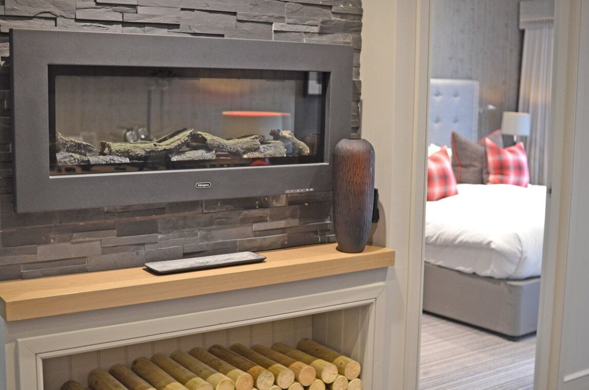 log fire in room at Auchrannie Resort, Arran