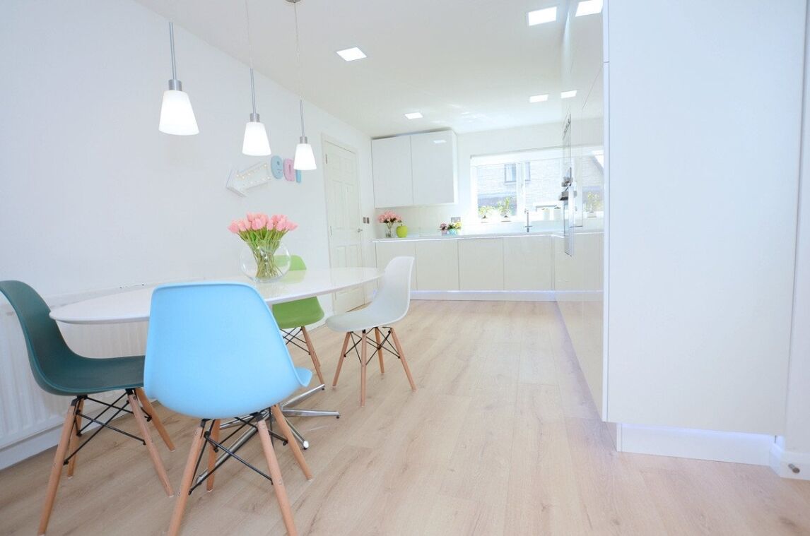 white kitchen with pale wood floors