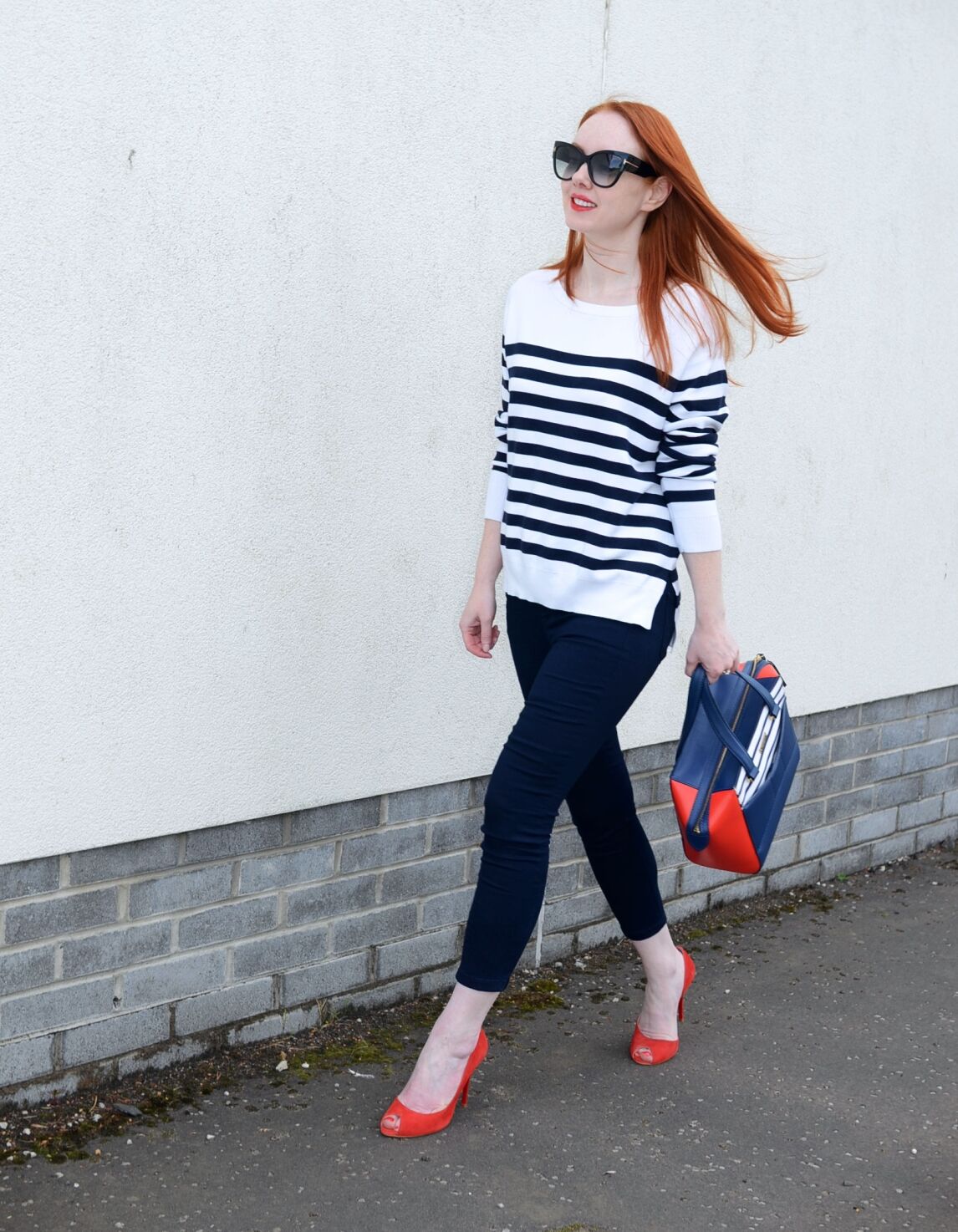 nautical stripe top and navy capri pants outfit