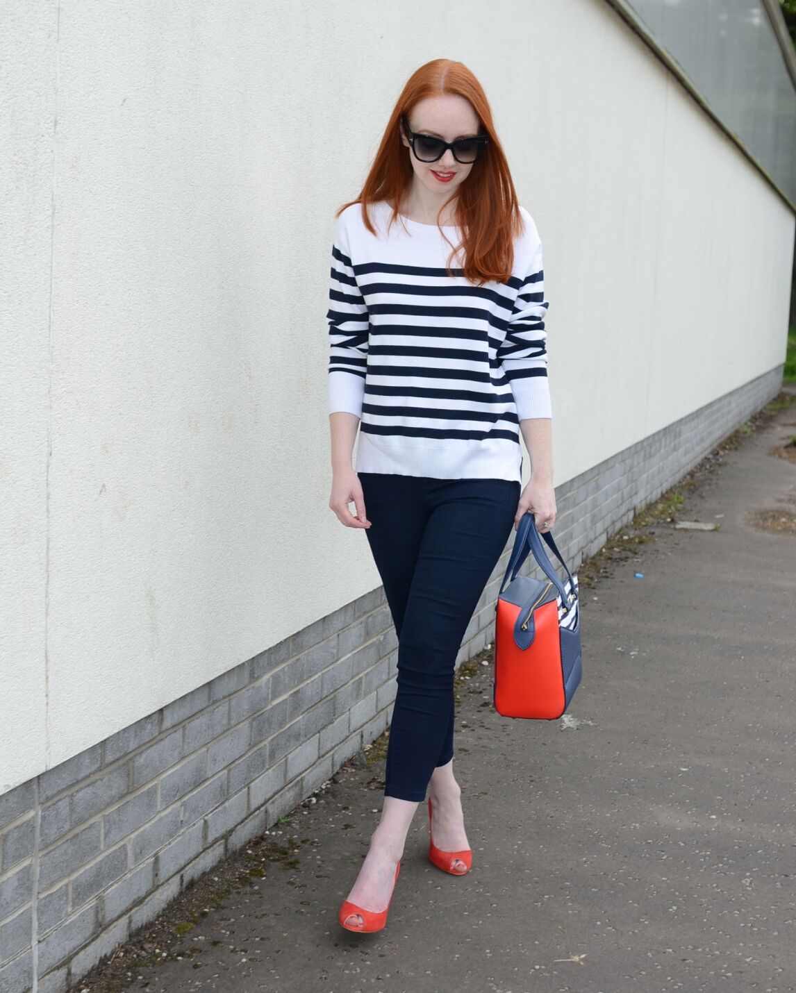 nautical stripe top and navy capri pants outfit
