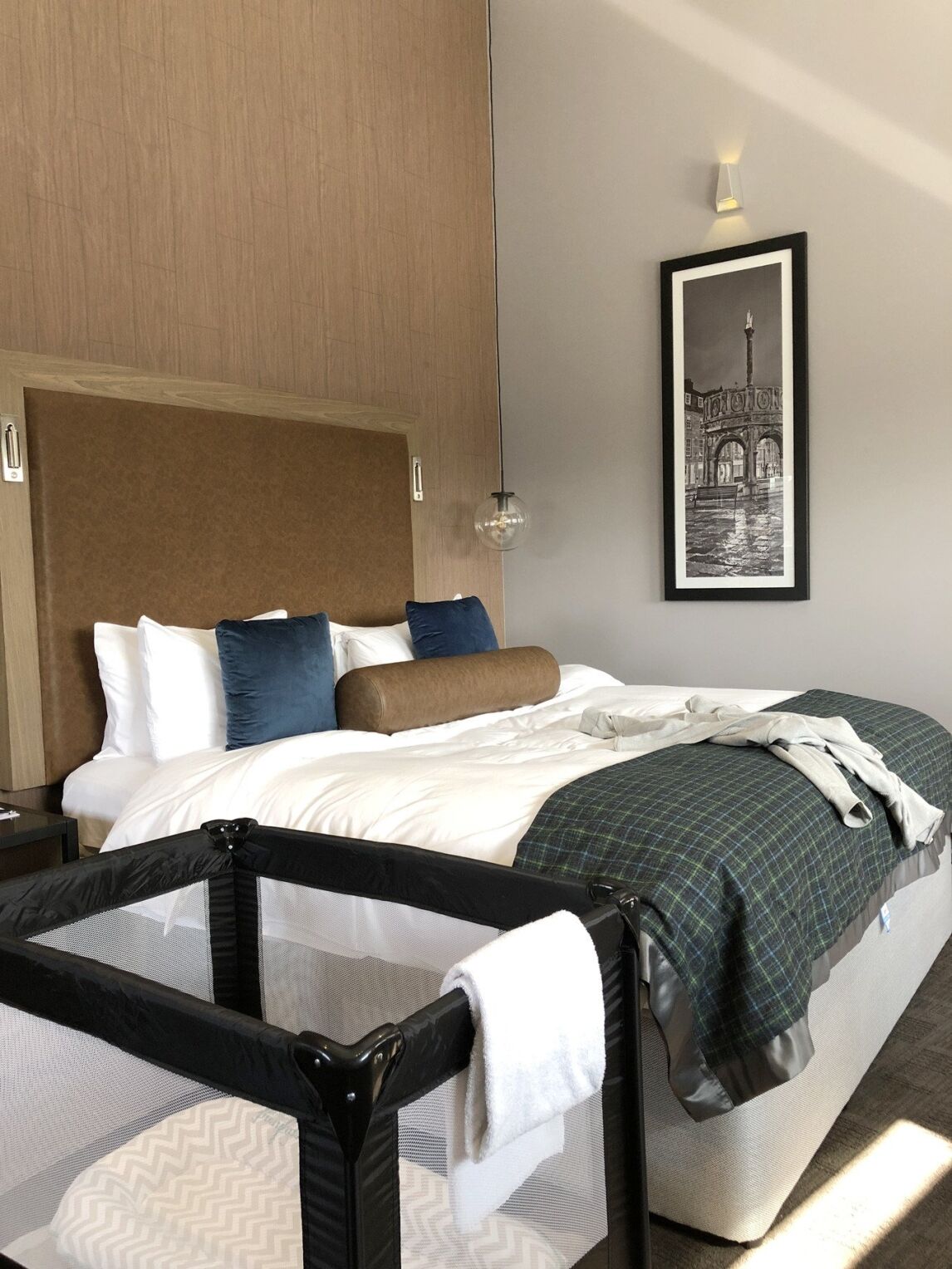 travel cot in hotel room at The Sandman Signature, Aberdeen