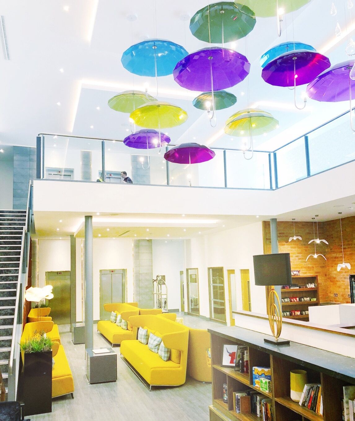 umbrellas on the ceiling at the Sandman Signature Hotel, Aberdeen, Scotland