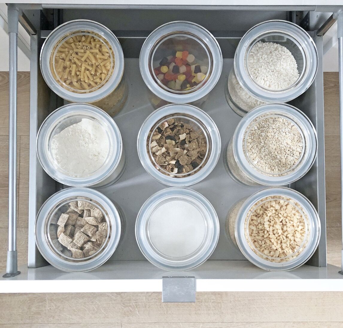 Ikea Korken jars with lids used as kitchen storage