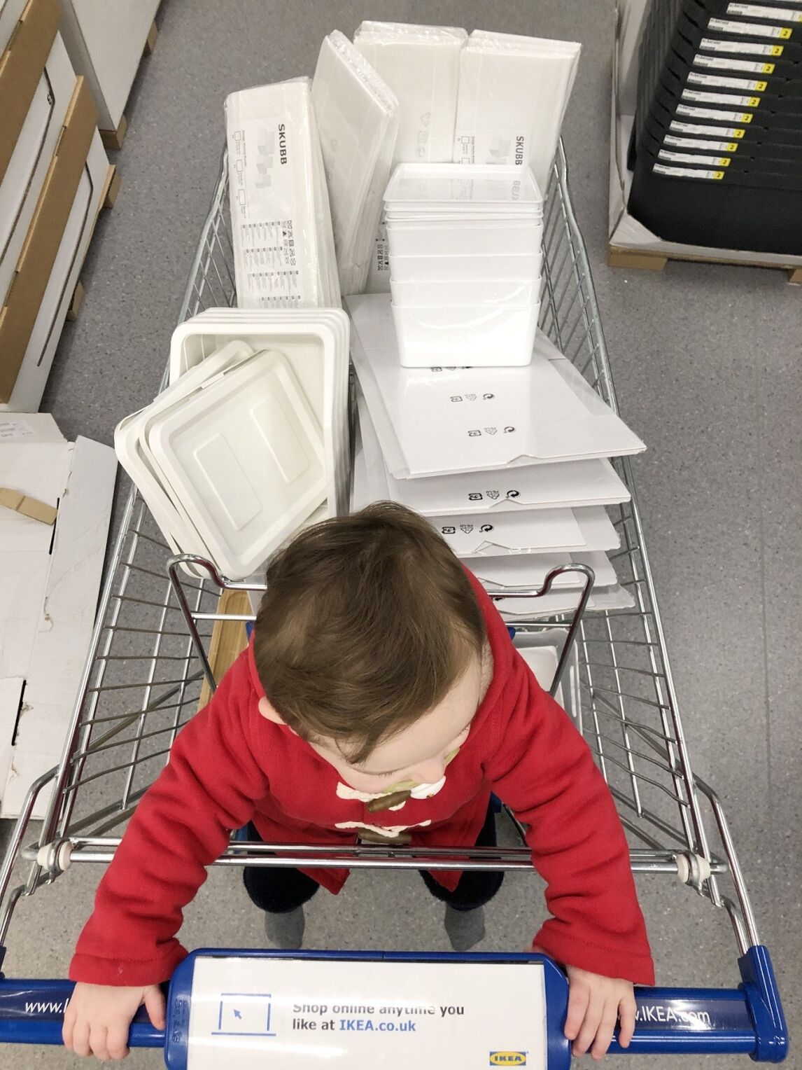 IKEA shopping cart filled with storage boxes / IKea Skubb box