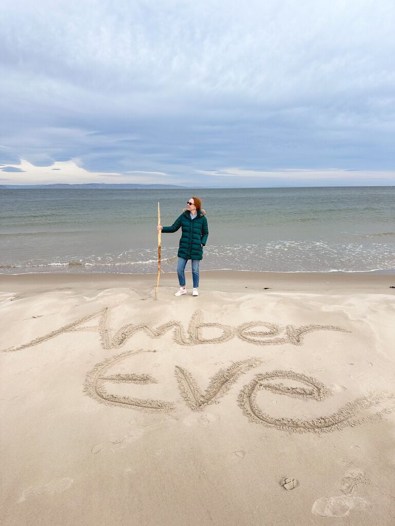 Writing my name in the sand at Nairn beach